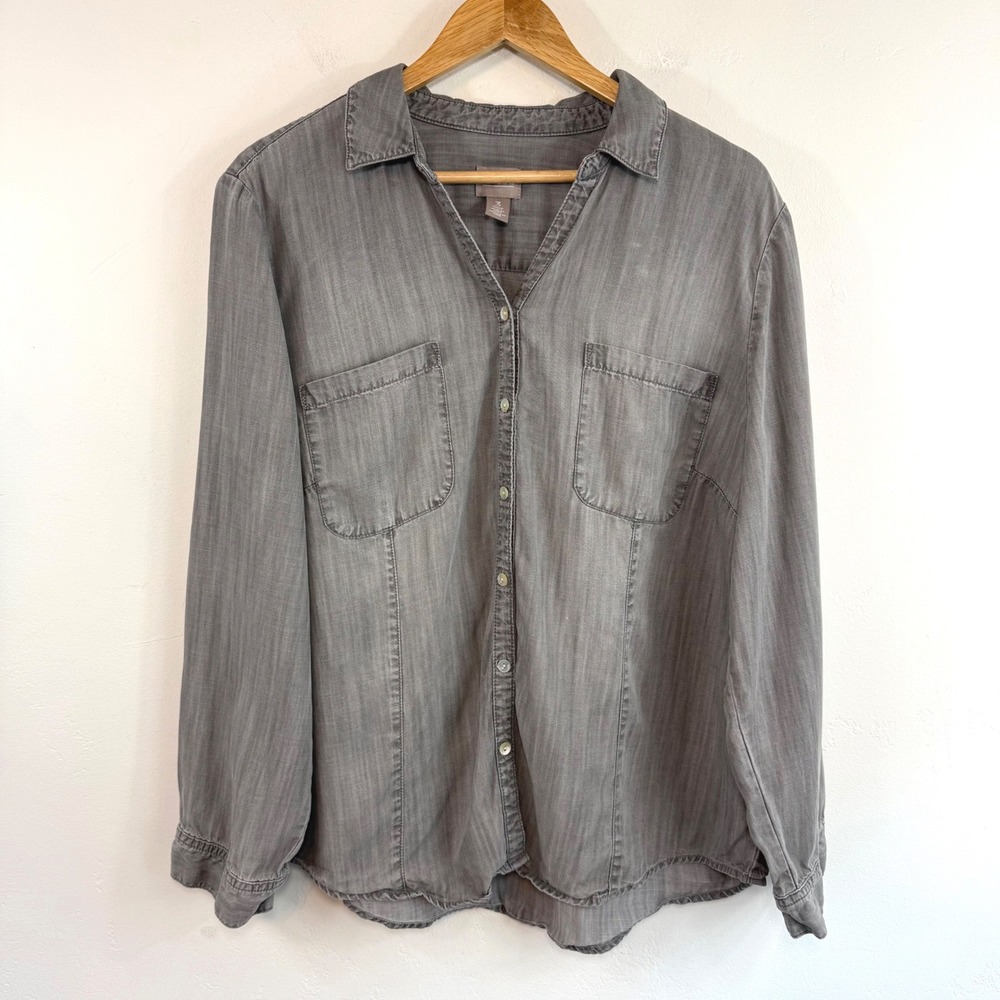 Chico's Button Down‎ Shirt Gray Lyocell Utility Coastal Minimalist XL 16 Size 3